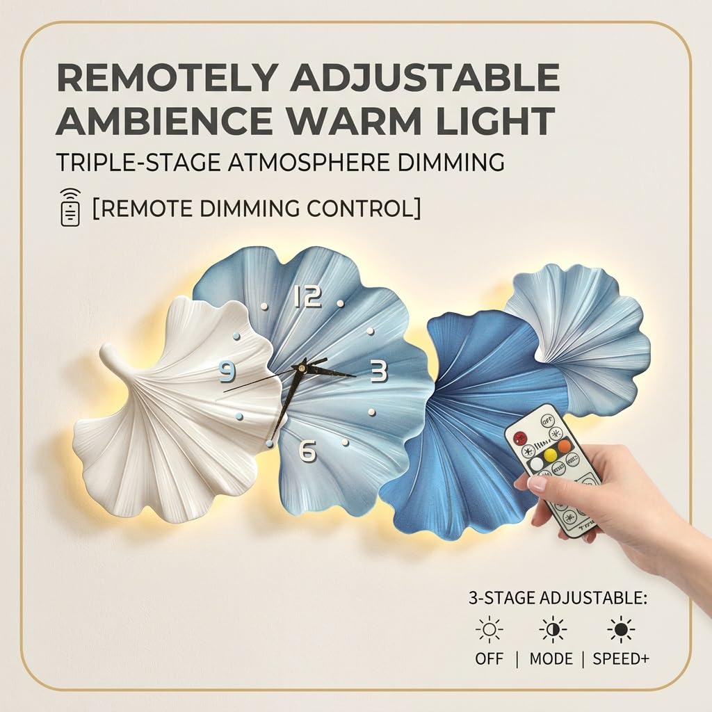 Orologio da Parete Grande 3D LED Dimmerabile, Decorazione Parete Moderna Foglie di Ginkgo in Metallo, Orologio Silenzioso per Soggiorno, Camera da Letto, Casa Aesthetic(Style A,100*55cm/39.4*21.7in)
