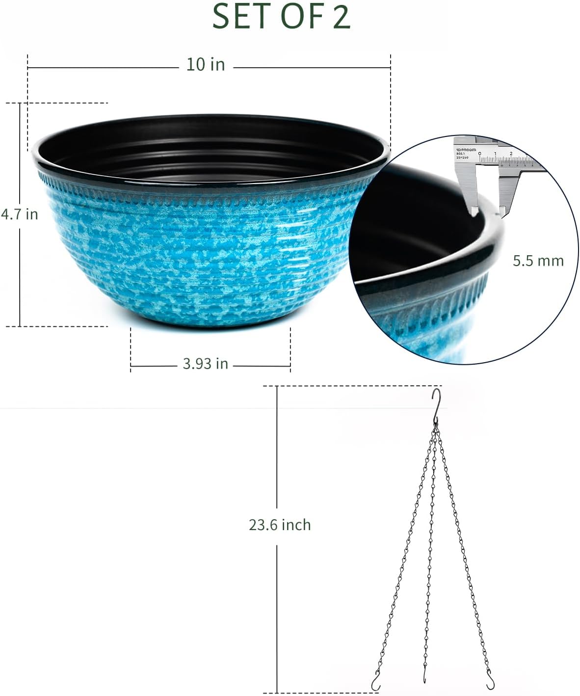 Vanslogreen 2 Pack Hanging Planters for Indoor Outdoor Plants, 10 Inch Hanging Planter with Drainage Hole & Plug Glazed Hanging Baskets Flower Pots for Garden Home (Snowflake Blue)