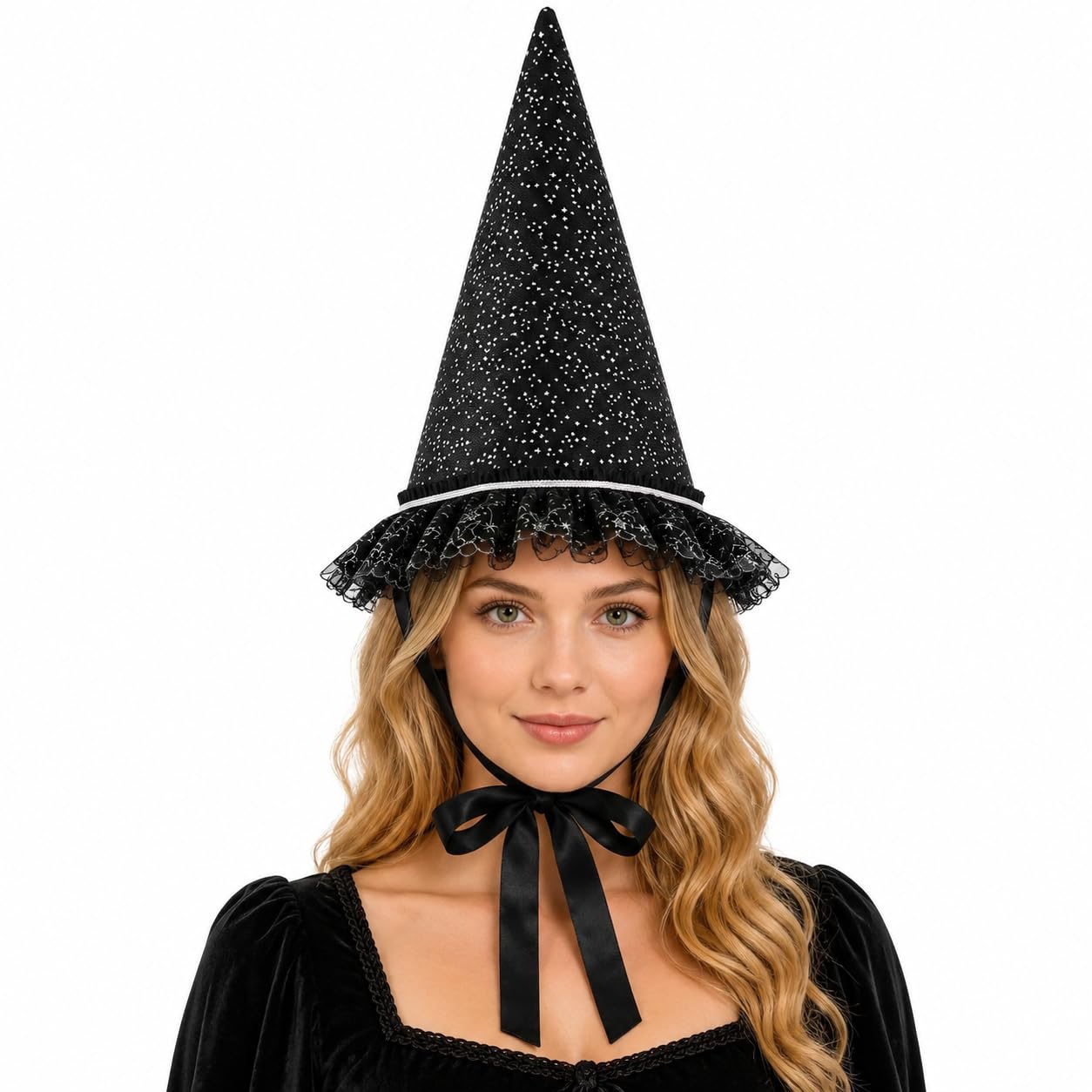 Women Medieval Hennin Cone Hat with Veil, Renaissance Princess Headdress Tall Cone Cap with Pearl and Gold Trim for Costume, Faire and Theatrical Dress (Style 01 Black, One Size) — image 1