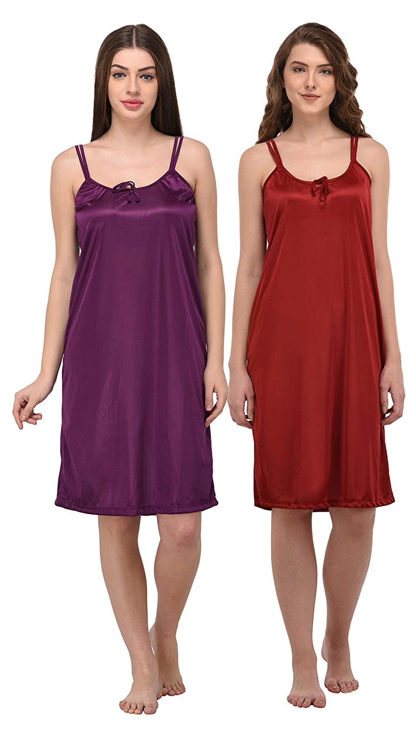 you forever Women Sexy Satin Striped Solid Above Knee Length Nighty, Loungewear, Nightwear, Sleepwear, Home Wear Short Nighty for Women Pack of 2 (2XL, Purple & Maroon)-picture-16