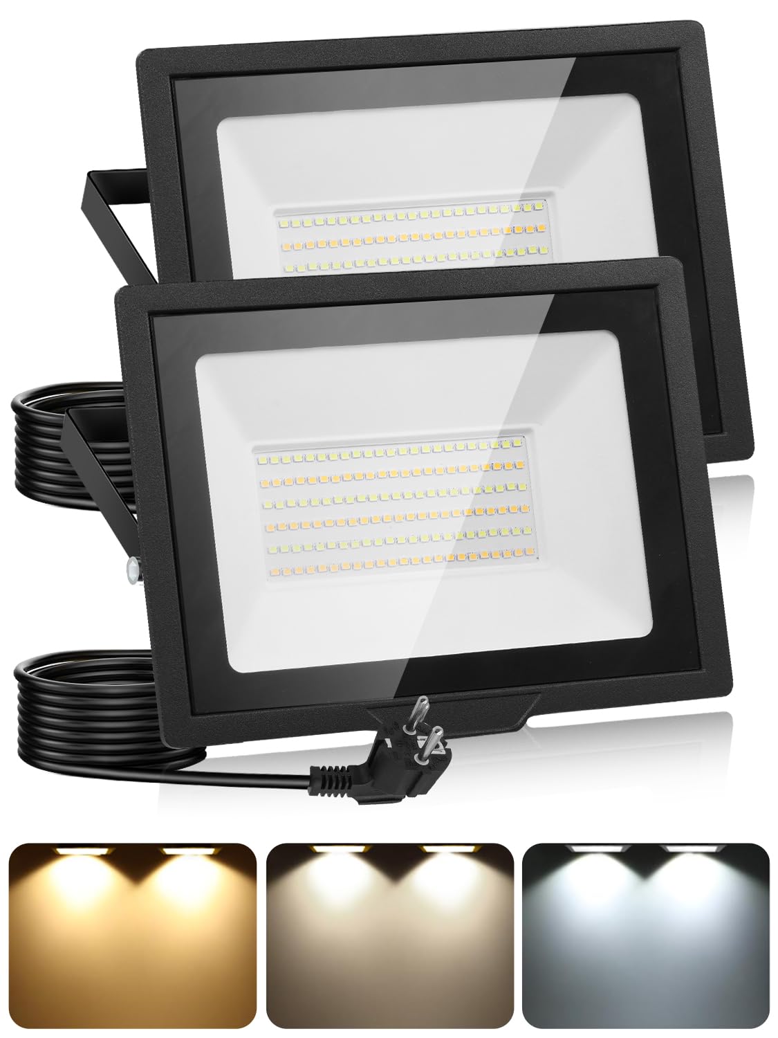 100W Projecteur LED Extérieur avec 1.5m Prise,3000K/4500K/6500K Spot LED Extérieur,10000LM Lampe Exterieur avec Mémoire,IP66 Etanche Luminaire Exterieur Pour Patio Garage Jardin Terrasse