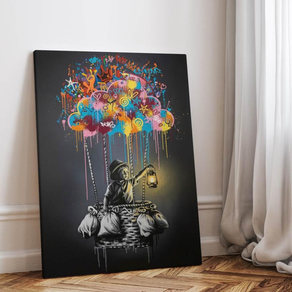 CANVEO Banksy Bilder Leinwand | Graffiti Poster Banksy Leinwand | Bild Wohnzimmer groß | Bild Schlafzimmer über Bett | Wandbilder modern mit Rahmen | xxl Bilder Flur Wanddeko