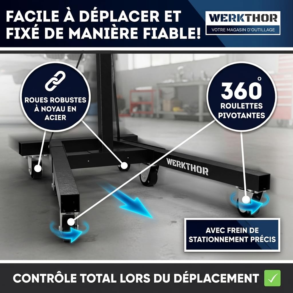 WERKTHOR Support Moteur Atelier 900kg | Support Moteur Rotatif 360° Extra Lourd | Support Moteur Professionnel Acier pour V8 Diesel Utilitaire
