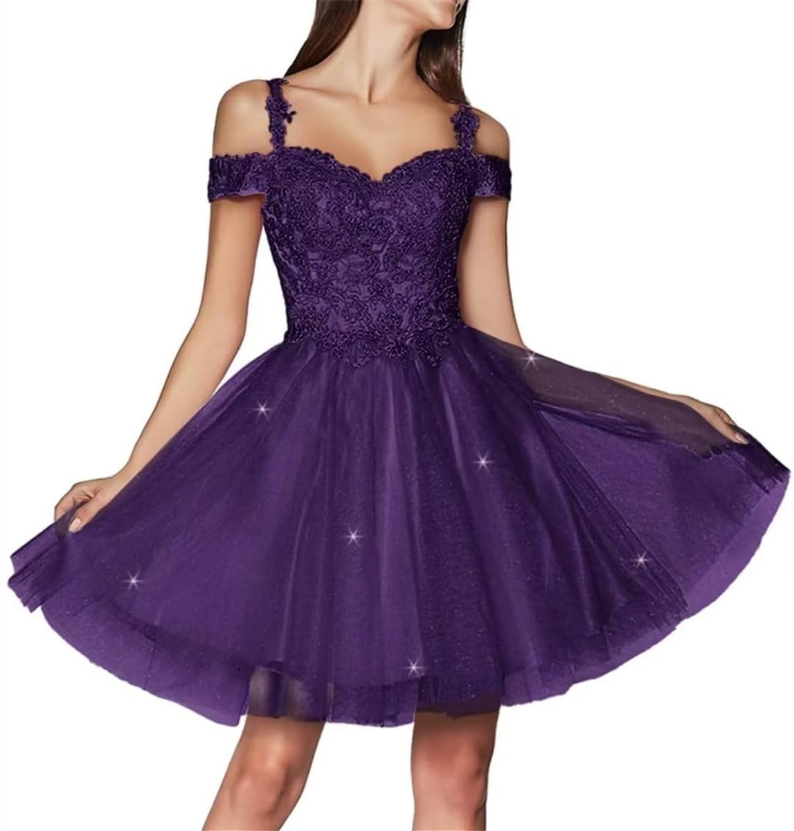 KURFACE Sparkly Tulle Homecoming Dresses for Teens 2024 Cold Shoulder Lace Applique Short Prom Dress Purple A Line Ball Gown UK16