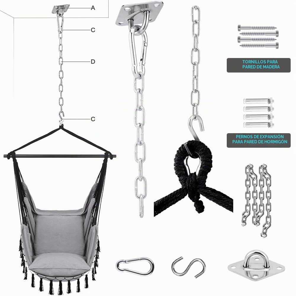 Silla Colgante con 2 Cojines y Bolsa - Silla Hamaca Colgante de Carga 330lbs para 2 Personas Adultos y niños, Mecedora, Hamacas Jardin Portátil para Interior y Exterior, Balcón (Gris Claro)