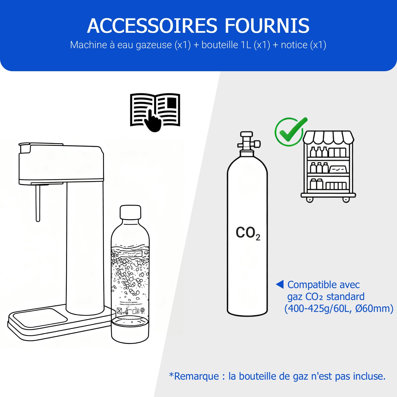 Machine à Soda Appareil à Gazeifier l'eau, Blanc A | inclus Bouteille PET 1 Litre, Sans BPA, Gazéification Domestique