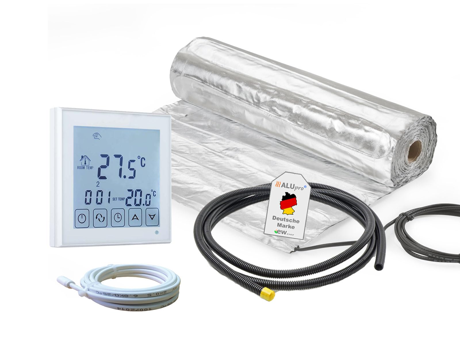 elektrische Fußbodenheizung AluPro 140 für Laminat/Klickvinyl mit Thermostat RT-45 (8 m² - 0,5 x 16 m)