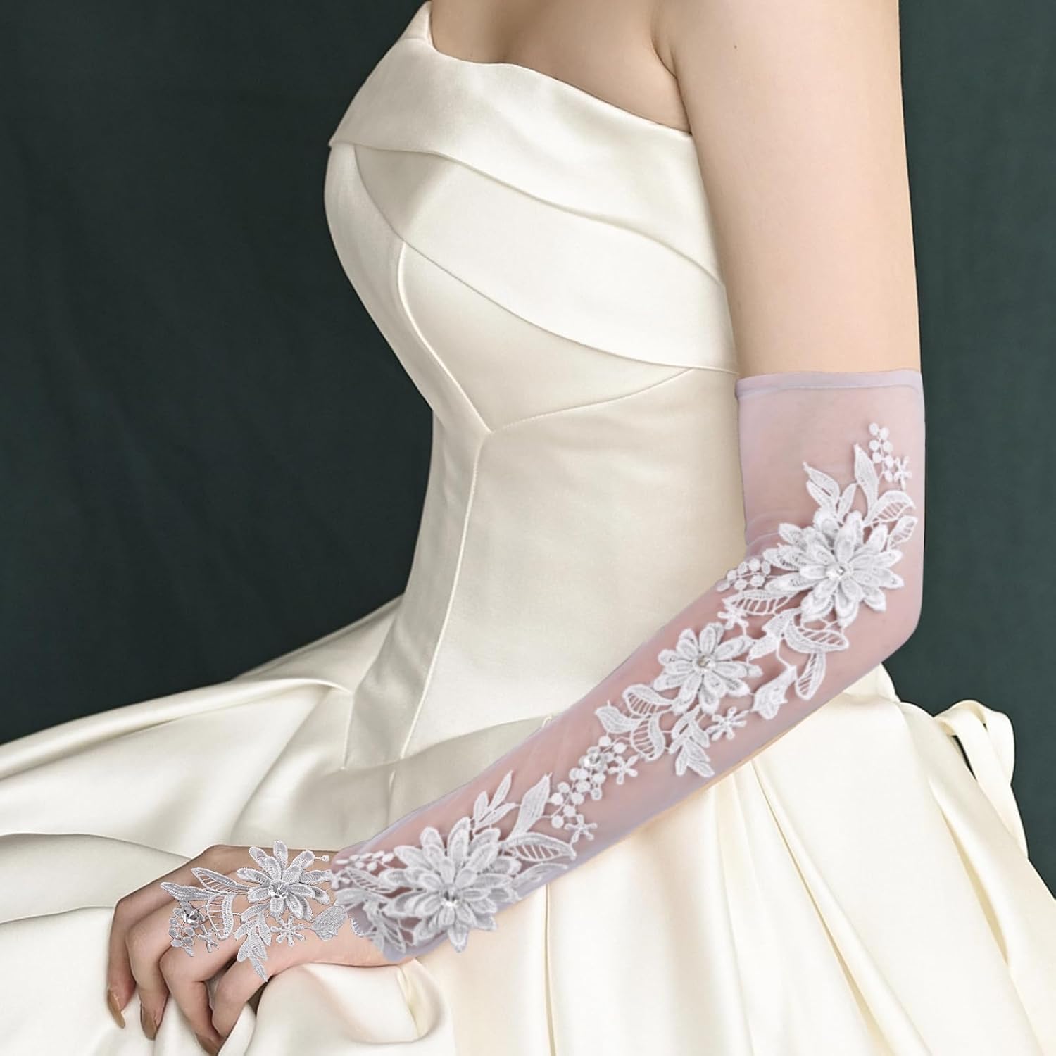 Specell Women's Long Lace Fingerless Gloves Sheer Mesh Tulle Elbow Length Gloves for Bridal Wedding Party Prom Dance Opera