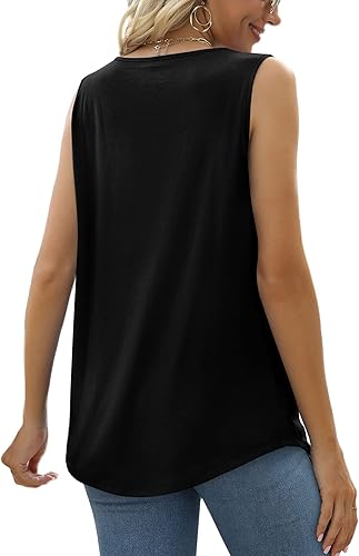 Miniatura 4 de Saloogoe - Camisetas sin mangas de verano para mujer, blusas de ajuste holgado y fluido, plisadas con cuello redondo, encaje y dobladillo curvado