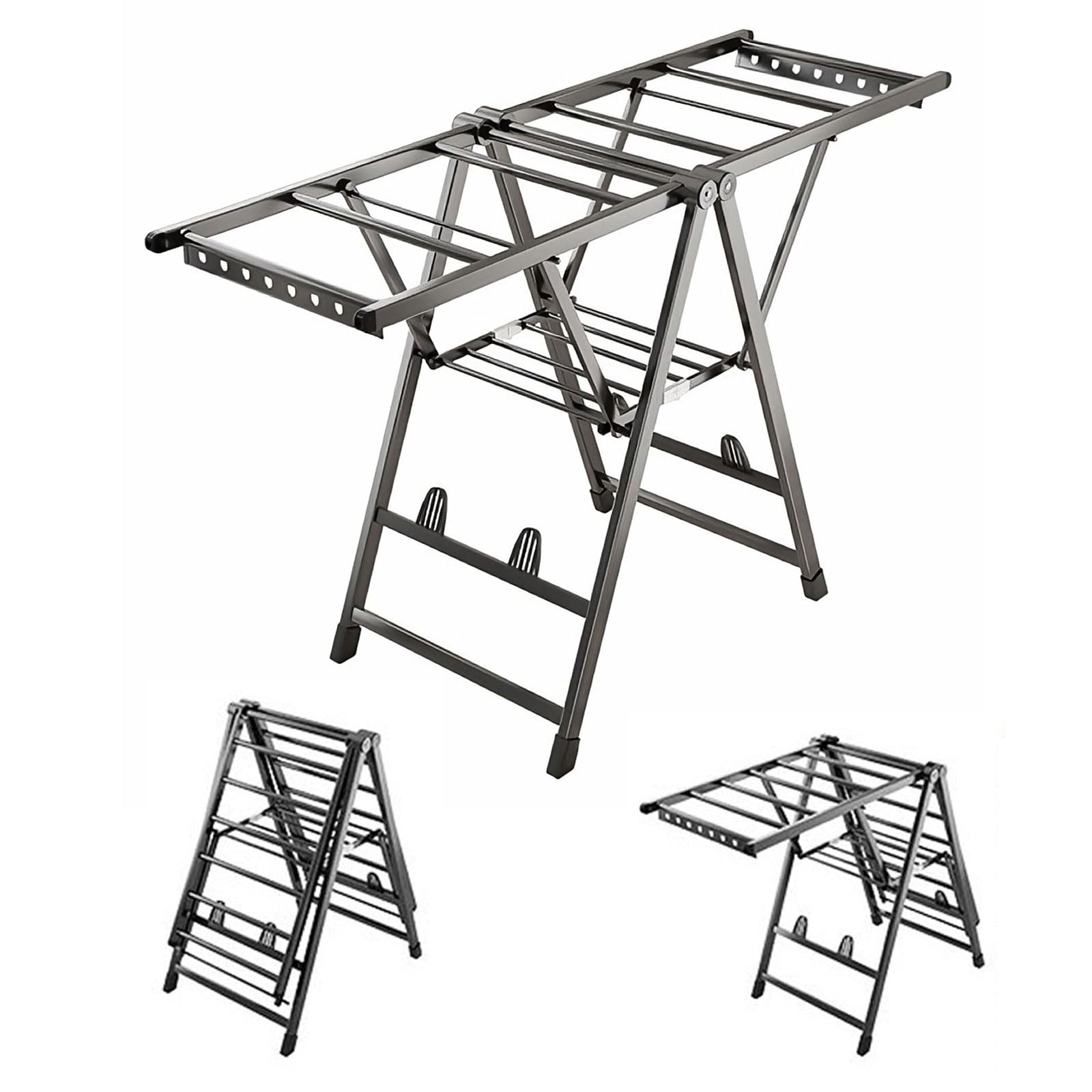 BCJMKDX folding clothes horse, 2-Tier Folding Laundry Drying Rack With Height-Adjustable Wings, Aluminum Floor Clothes(Upgraded,140cm silver)