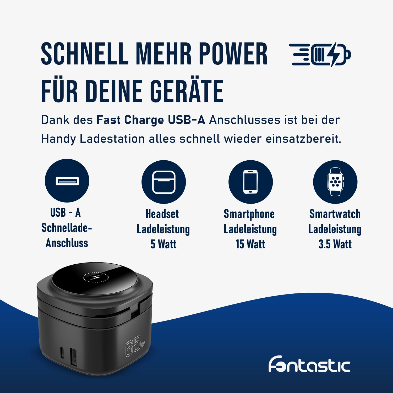 FONTASTIC Qumag induktive Ladestation 65W, Faltbarer Wireless Charger, 5-in-1 kabelloses Ladegerät für Smartphones UVM., Aufladestation mit Fast Charge USB-A und Power Delivery USB-C