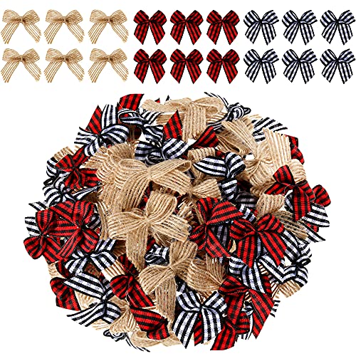 60 PCS Christmas Mini Plaid Bows Burlap Bows Christmas Buffalo Plaid Bows Gingham Ribbon Bows Ornament for Christmas Tree Crafts Home Decoration DIY Making (Multiple Colors)