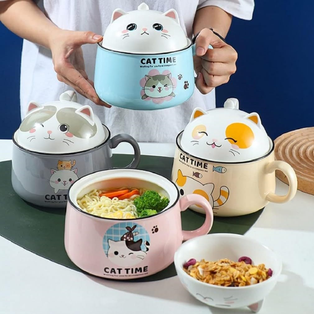 lachineuse - Ciotola per Ramen giapponese con coperchio - Ciotola per gatti Kawaii - Ciotola per spaghetti istantanei e colazione - Con posate - Idea regalo anime Giappone - Ciotola cinese per bambini