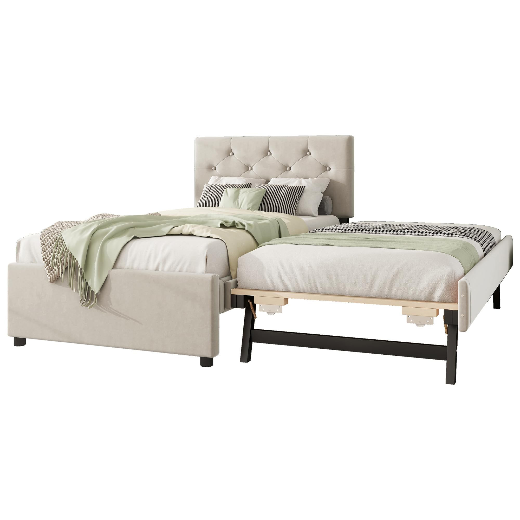 Azkoeesy Cama tapizada con Cama Nido, Patas Plegables, Convertible en Cama de Matrimonio, con somier, capitoné con Botones, Funda de Terciopelo, 90x200 cm + 90x190 cm, Beige