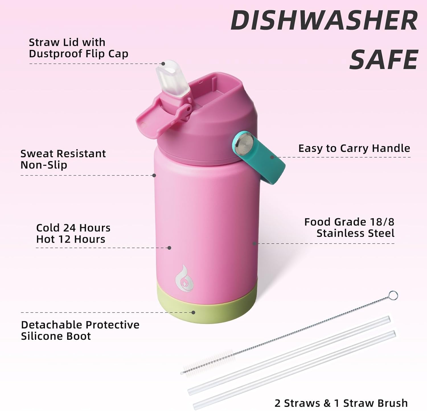 BJPKPK Insulated Water Bottle with Straw Lid, 12oz Thermo Water Bottles, Flex Handle & Non-slip Boot, BPA Free Leak Proof Stainless Steel Metal Thermo, Tumblers, Cups,Rose Pink - Image 3