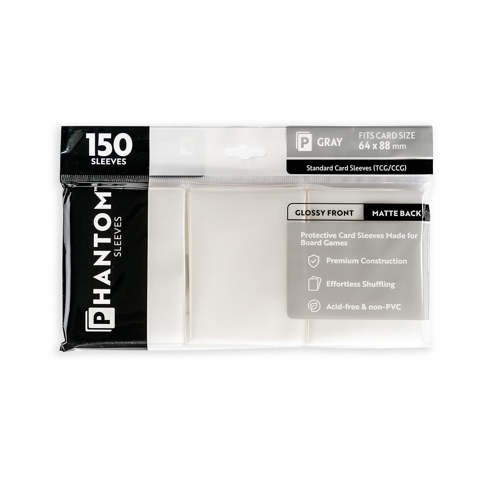 Phantom Sleeves Premium Card Protectors, Glossy Front & Matte Back, 3 Pack 150 Count, Transparent Gray 64 x 88mm for Standard & Trading Card Games