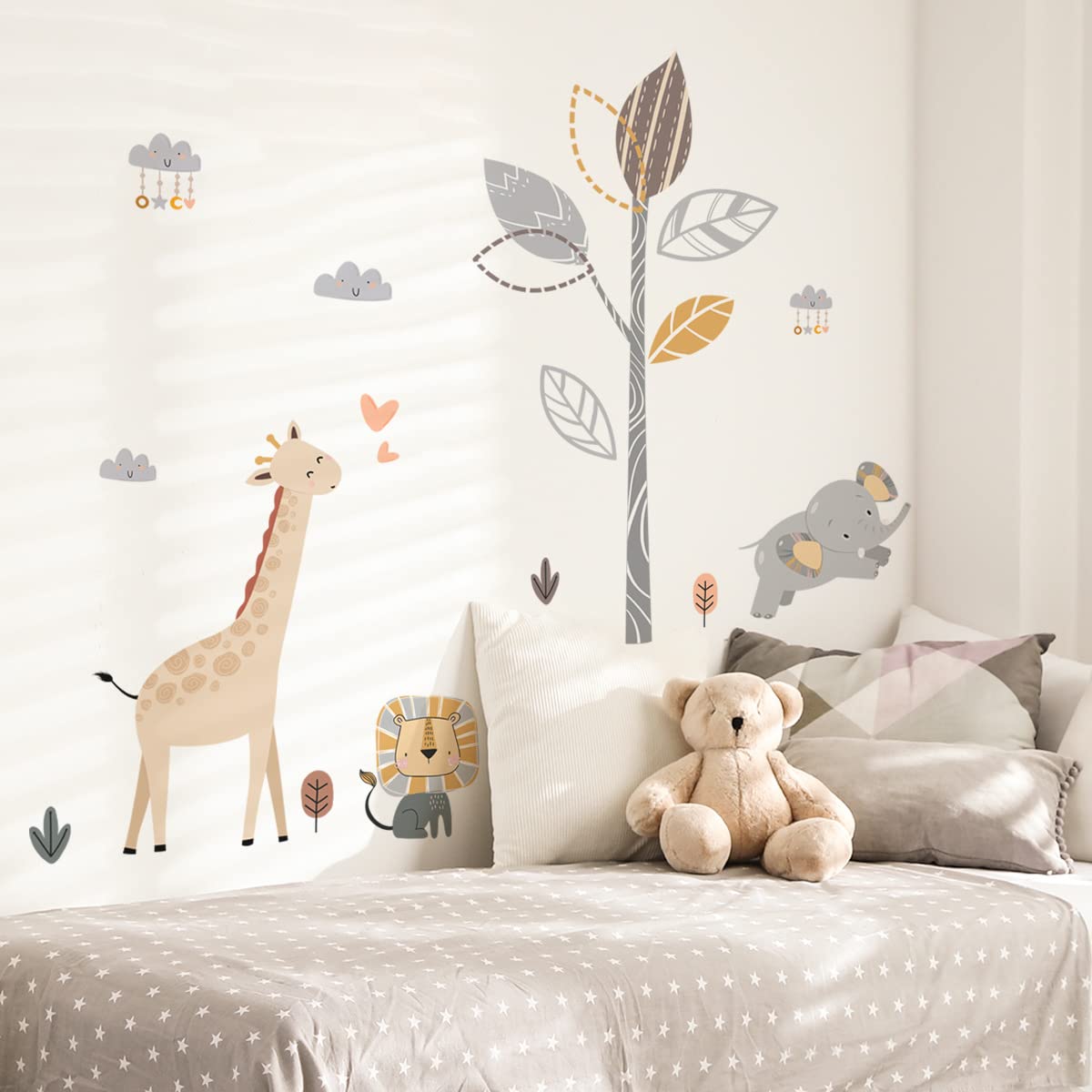 Nursery Decor Kids Wall Stickers for Bedrooms Safari Nursery Accessories Baby Room Decoration 2 Pack Self Adhesive Wallpaper Living Room Wall Decals Elephants Giraffes Lions Tree Cute