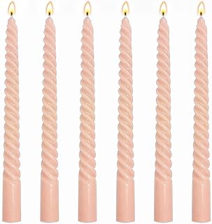 6 Pack 10 Inch Peach Spiral Taper Candles for Holiday Home Decoration, Unscented Dripless Twisted Candlesticks for Dinner Party Wedding Valentine's Day Baby Shower and Easter