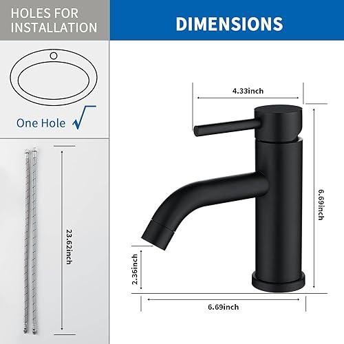 Miniatura 10 de Grifo de lavabo de baño negro de un solo agujero, grifo de lavabo de una sola manija, acero inoxidable negro mate, moderno grifo de baño con líneas