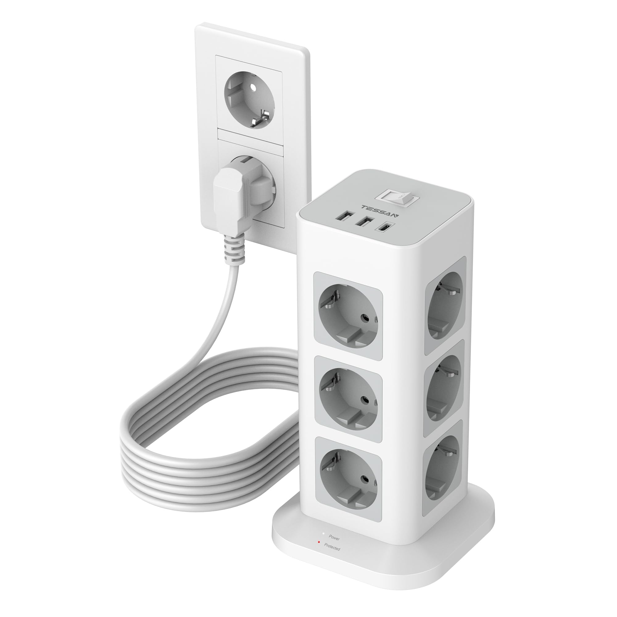 TESSAN 12 Prese Ciabatta Multipresa con USB, Multipresa Elettrica con Cavo 5M, Torretta Presa con USB C, Ciabatta Elettrica con Protezione Sovratensione