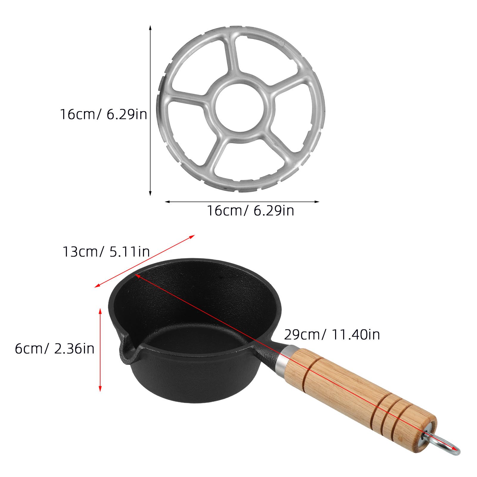 Kleiner Gusseisen Topf 13cm mit Holzgriff für Herd und Induktion Multifunktionale Butterpfanne und Bratpfanne für Frühstück und Tägliche Nutzung