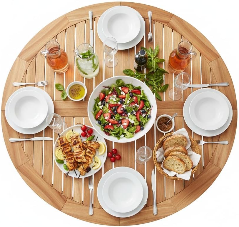 Tangkula 53" Round Outdoor Dining Table for 4-6 People, Acacia Wood Patio Table with Large Tabletop & 2" Umbrella Hole, Farmhouse Dining Furniture for Yard, Deck, Garden, Poolside