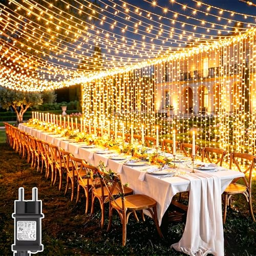 Dekofun Tenda Luminosa 6M x 3M 600 LED Luci a Tenda con Presa, Timer, 8 Modalità, Impermeabilità IP65 Cascata di Luci per Esterno Interno Casa Balcone Giardino MatrimonioTerrazzo - Bianco Caldo