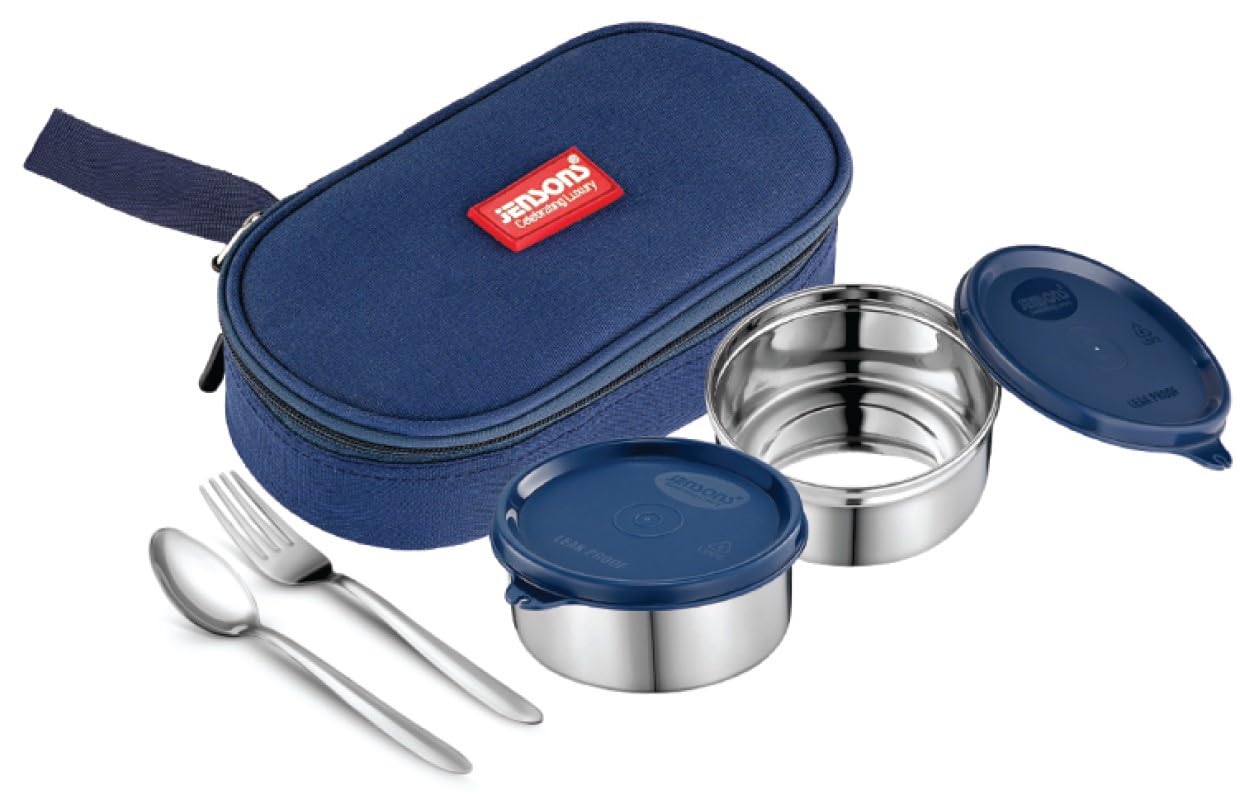 JENSONS Easy Meal Lunch Box with Steel Cutlery, 2 Steel Container with BPA Free lids (350 ml Each Container) Ideal for Adults, Office, Work and Camping with Easy to Carry
