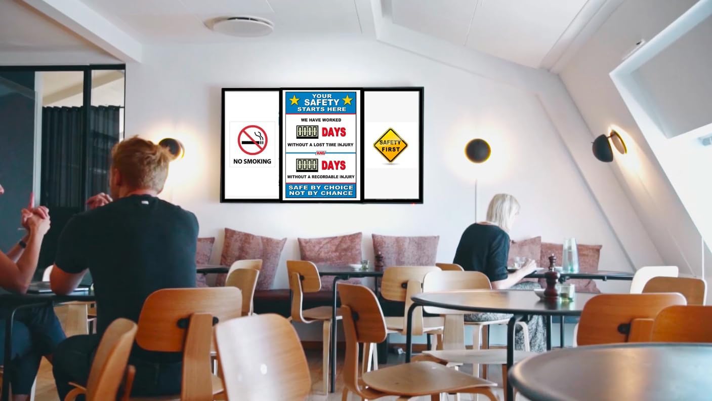 Full Size Digital Safety Scoreboard. Battery operated. 24" X 36" with two counters. Your Safety Starts Here Without a Lost Time Injury Without a Recordable Injury Safe by Choice Not by Chance
