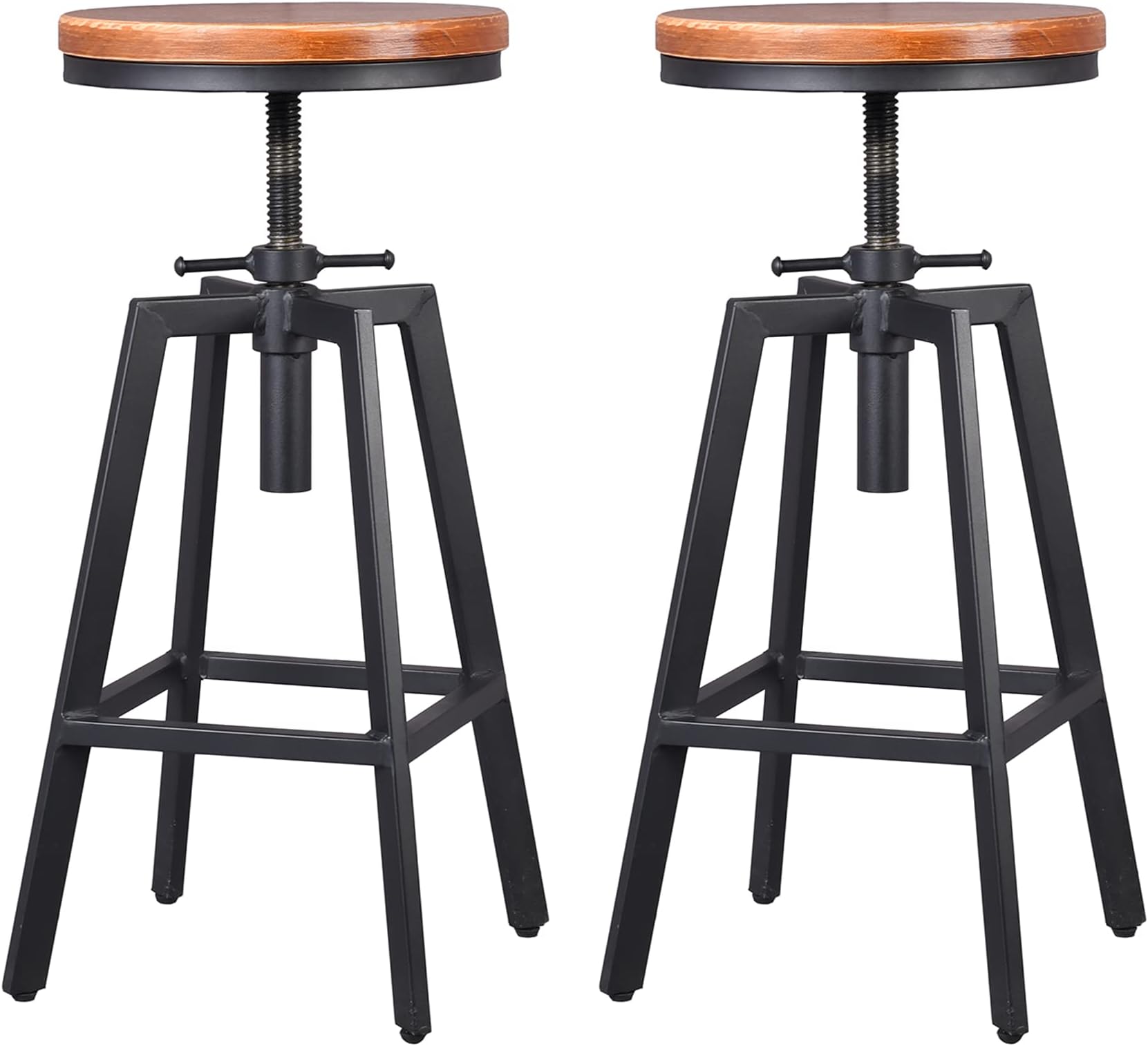 Industrial Bar Stools, Kitchen Dining Chair, Wood Metal Stool, Adjustable Height Swivel Counter Height Chair, Black, Fully Welded Set of 2 (Brown Wooden Top)