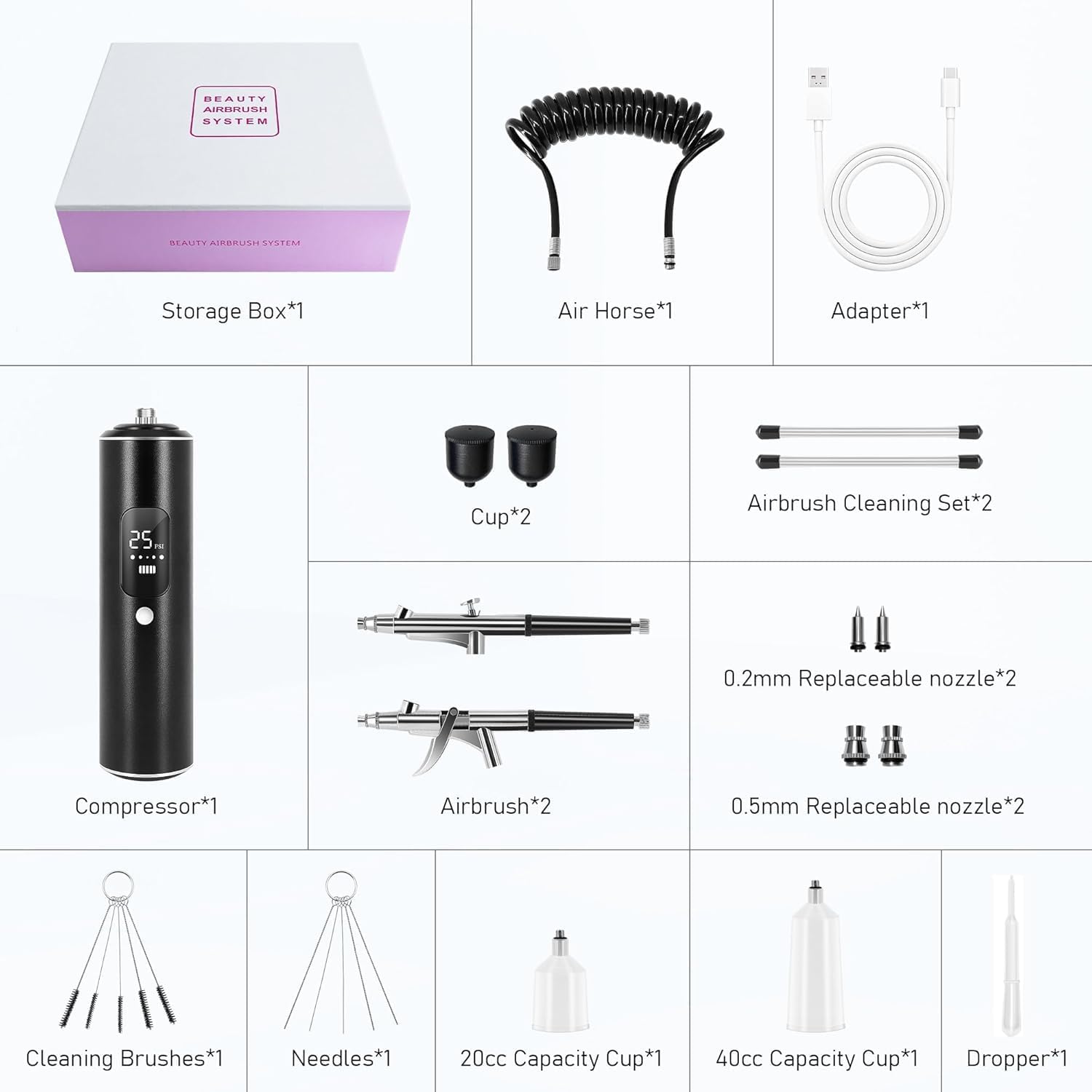 Airbrush Kit with Compressor, 2 Airbrushes, 6400mAh 50PSI High Pressure Airbrush for Nails with 0.2/0.3/0.5mm Nozzle Sets, Airbrush for Nails, Modeling, Cake Decorating, Pastry (Matte Black)