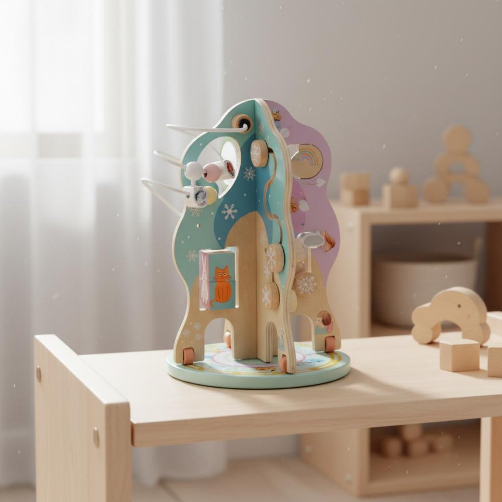 Kinder Drehperlen Motorikschleife Holzspielzeug mit Drehbarem Und Farbenfrohen Perlen für Spielteppich Kinderecke, Multifunktionaler Perlenlabyrinth-Schatzkasten Mit Alphabet
