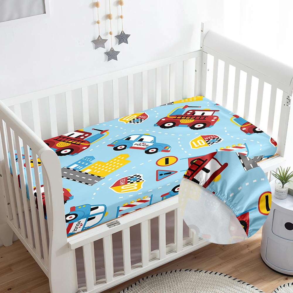 Odot Cartoon Spannbettlaken für Kinderbett, Babybett, Spannbetttuch aus Mikrofaser, Baby Bettlaken Bassinet Kinderwagen Matratzenschoner, Atmungsaktiv, Pflegeleicht (Blaues Auto,95x65cm)