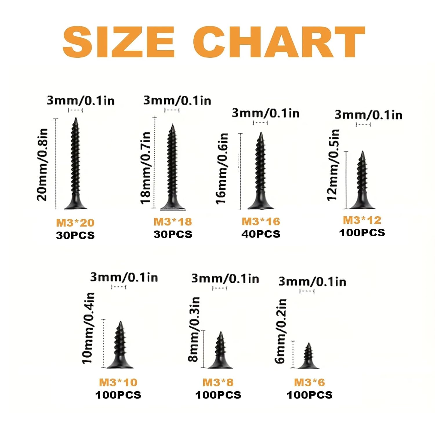 M3 Black Flat Head Self-Tapping Wood Screws 500pcs Carbon Steel Kit