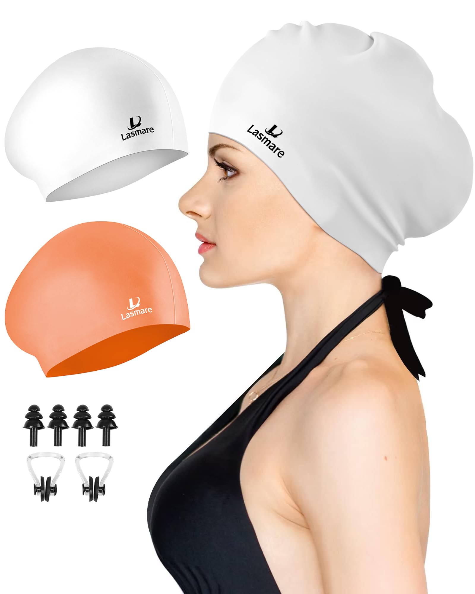Lasmare Long Hair Swimming Cap Women 2 Pack, Silicone Swimming Hat for Unisex Adult Women Men with Ear Plugs & Nose Clip Set, Waterproof Adult Swim Cap Bathing to Keep Hair Dry(Light Orange+White)