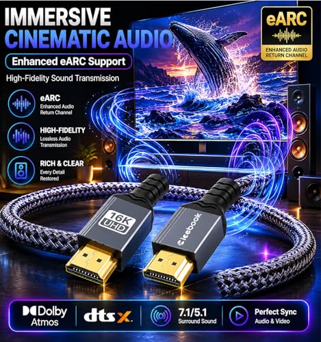 Image of 16K HDMI to HDMI 2.2 Cable 3FT, 96Gbps Ultra High Speed, 8K@240Hz, 4K@480Hz, eARC, VRR, Braided HDMI Cord with Gold-Plated Connectors for PS5, Xbox, Gaming PC, Monitor & TV