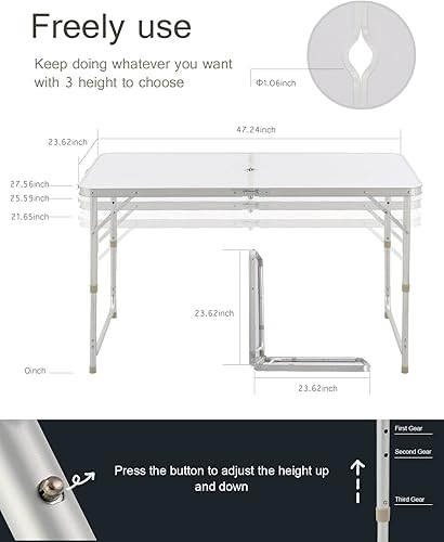 Miniatura 3 de Mesa de campamento mesa plegable de aluminio portátil con mango y agujero para paraguas mesa plegable de picnic ajustable en altura para campamento