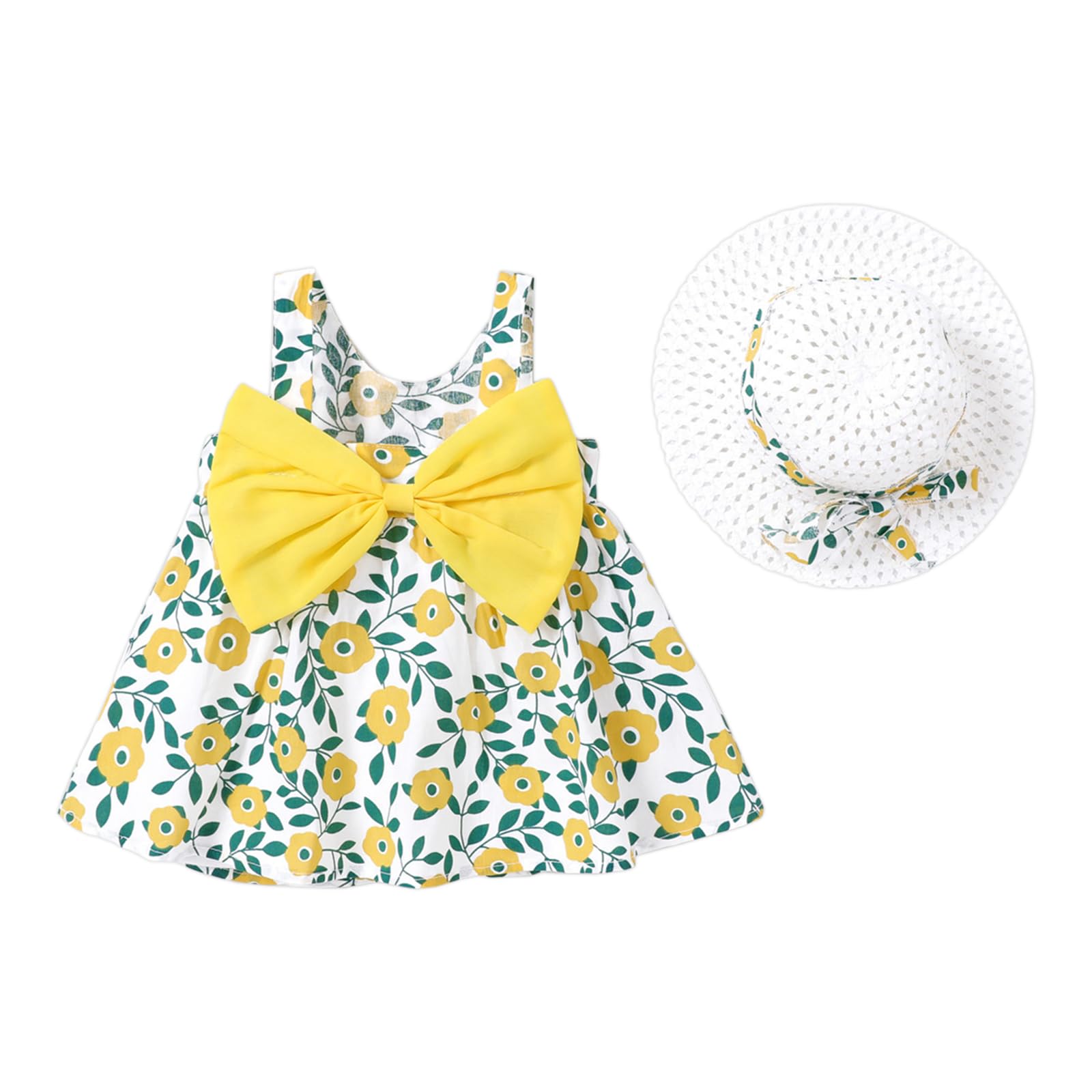 PATPAT Abito da Neonata - con Set di Cappelli Abito per Bambini Senza Maniche con Fiocco con Stampa Floreale, Vestiti Bambina, Vestiti Neonato Femmina, Vestito Elegante Bambina 3 Mesi - 3 Anni