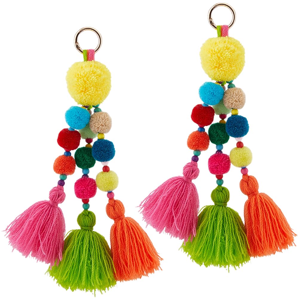 Llaveros de macramé con borlas para mujer, diseño artesanal con pompón decorativo para bolso