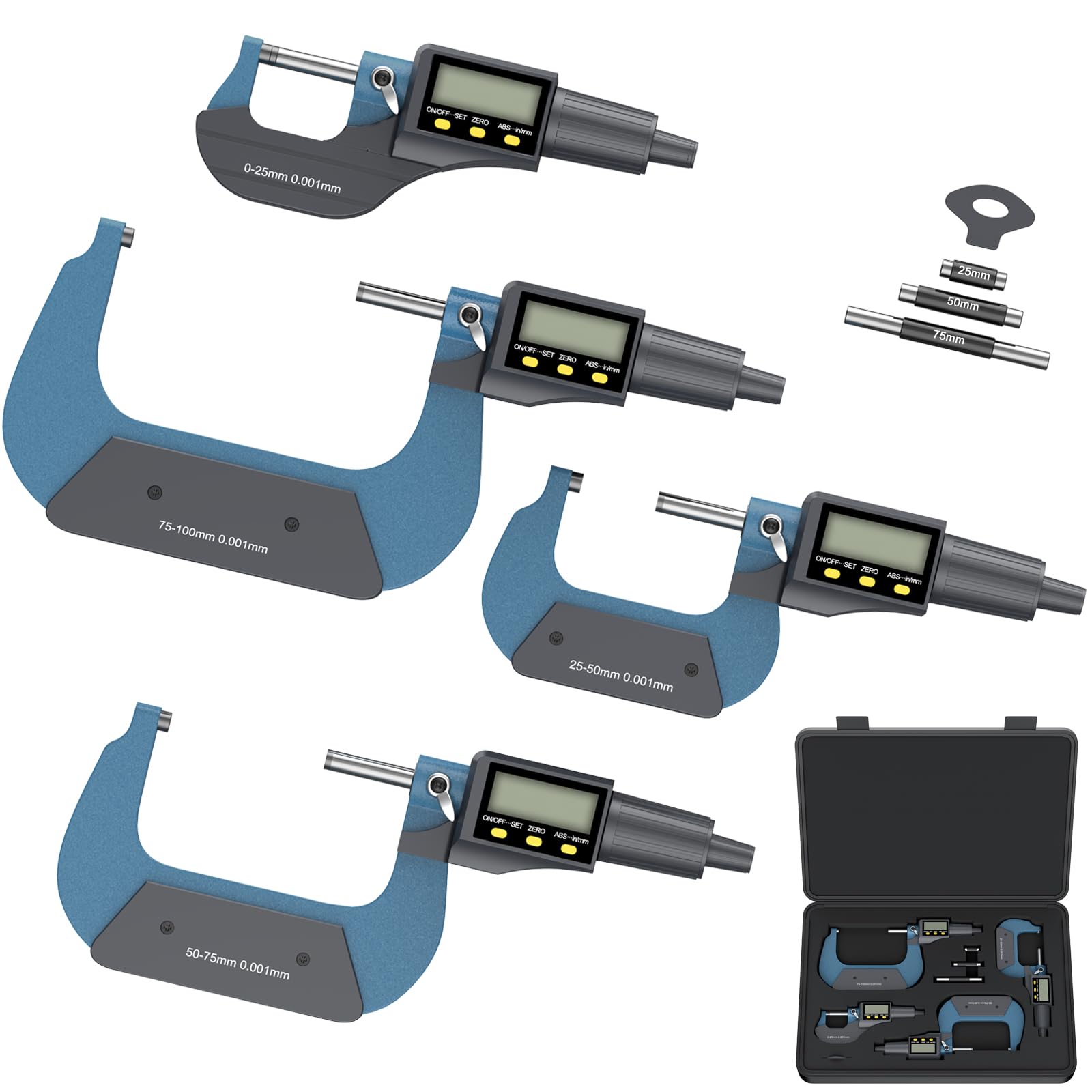 HDLKNAK - Juego de micrómetros digitales, kit de herramientas de precisión de 4 piezas, rango de 0 a 100 mm, precisión de 0,00005 pulgadas, medidor de grosor con pantalla LCD grande y funda protectora