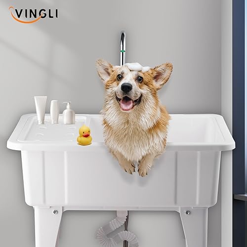 Miniatura 2 de VINGLI Amplio fregadero blanco para lavandería, estación de lavado de garaje, fregadero inclinado, fregadero independiente con grifo de acero