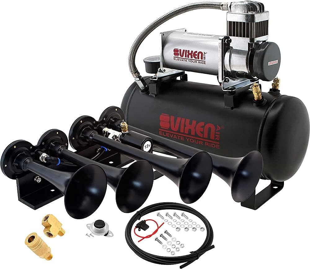 Vixen Horns Vixen Horns Train Horn Kit for Trucks/Car/Semi. 150psi Air Compressor, 2 Gallon Tank, 4 Trumpets. (VXO8560/4124B), 1/4" NPT Quick Connect Coupler and Tee (VXK1401)