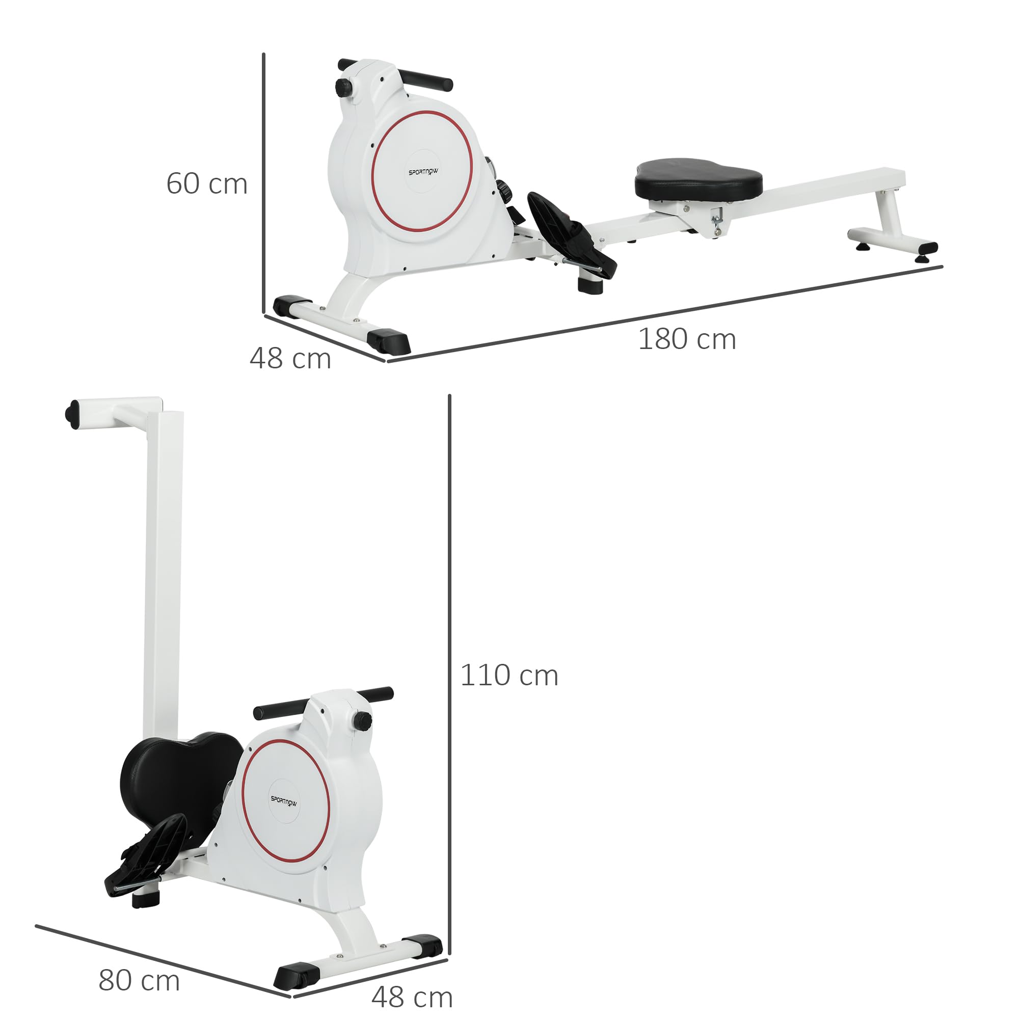 SPORTNOW Máquina de Remo Magnético Plegable Remo para Casa con Pantalla LCD Resistencia de 8 Niveles y 2 Ruedas Carga 130 kg para Gimnasio Acero 180x48x60 cm Blanco