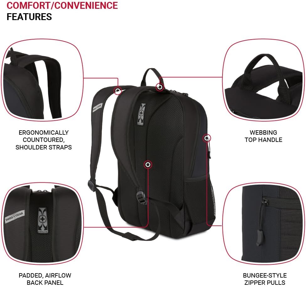 SwissGear Intro Laptop Backpack, Black, 17.5"x12"x6" - Image 3