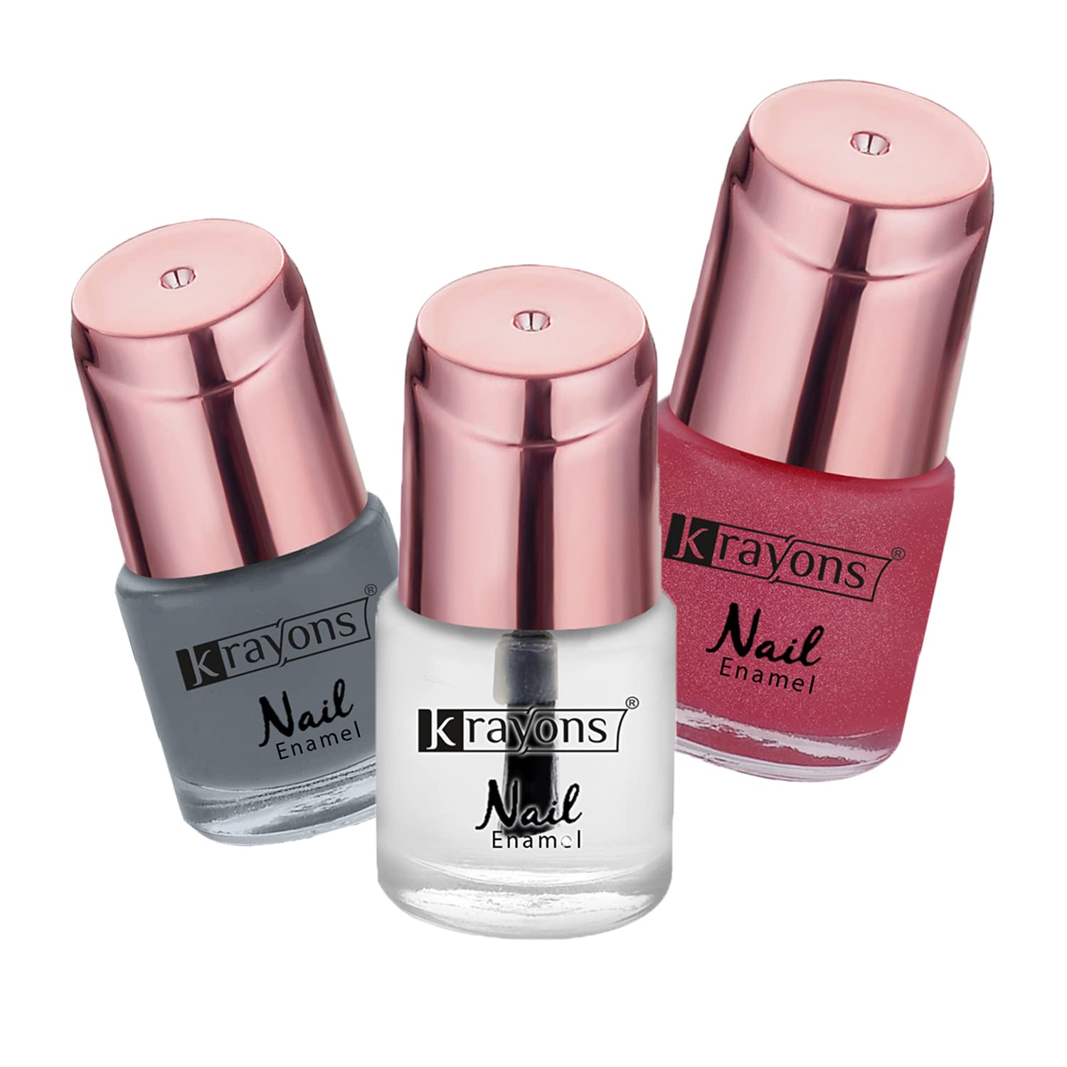 Krayons Crazy Gel Nail Enamel, Waterproof, Longlasting, Sheer Pink, Charcoal Grey, Top Coat, 8ml Each, Combo (Pack of 3) Krayons Crazy Gel Nail Enamel, Waterproof, Longlasting, Sheer Pink, Charcoal Grey, Top Coat, 8ml Each, Combo (Pack of 3)