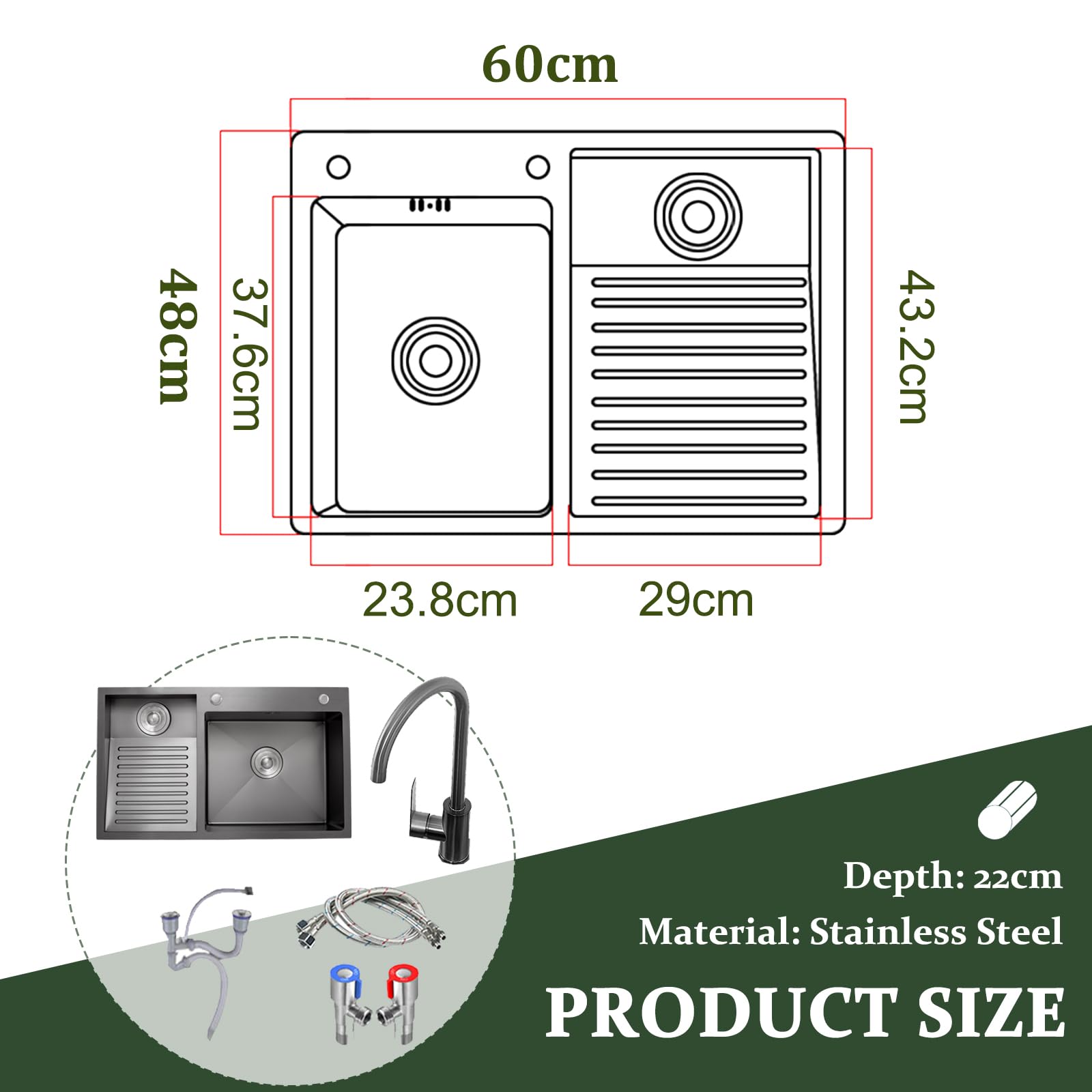 Fregadero multiusos de acero inoxidable con tabla de lavar integrada – 60 cm – Fregadero doble hecho a mano para lavandería, garaje y taller – Superficie texturizada negra
