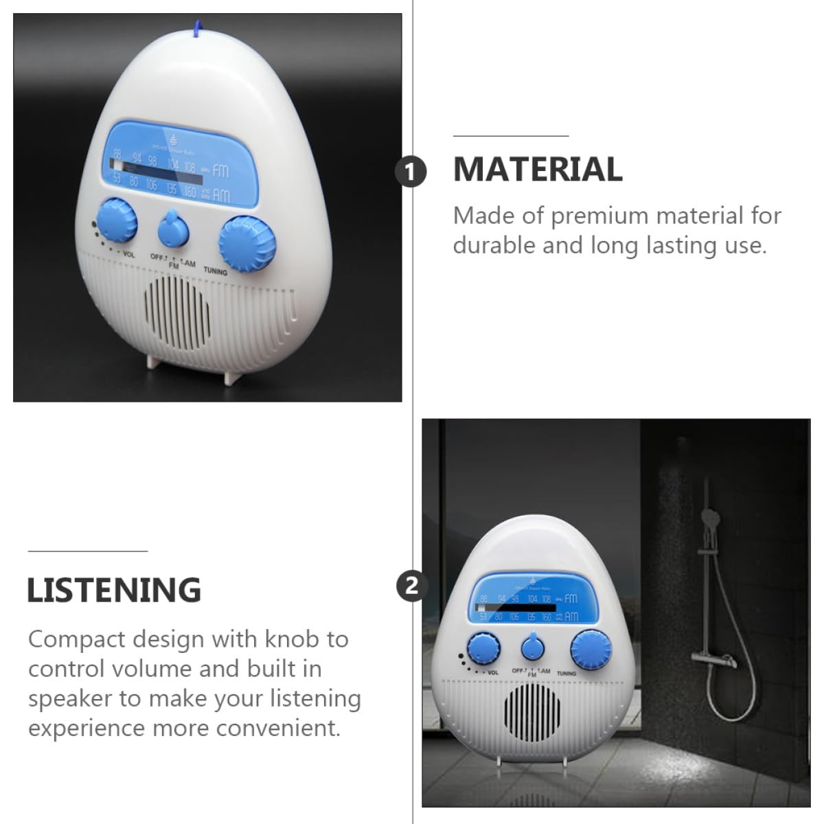 Tragbares Duschradio Kleiner Stereo Radio mit 4 facher Wasserdichtigkeit aus ABS mit Lautstärkeregler Weißer Kompakter Lautsprecher für Badezimmer und Dusche