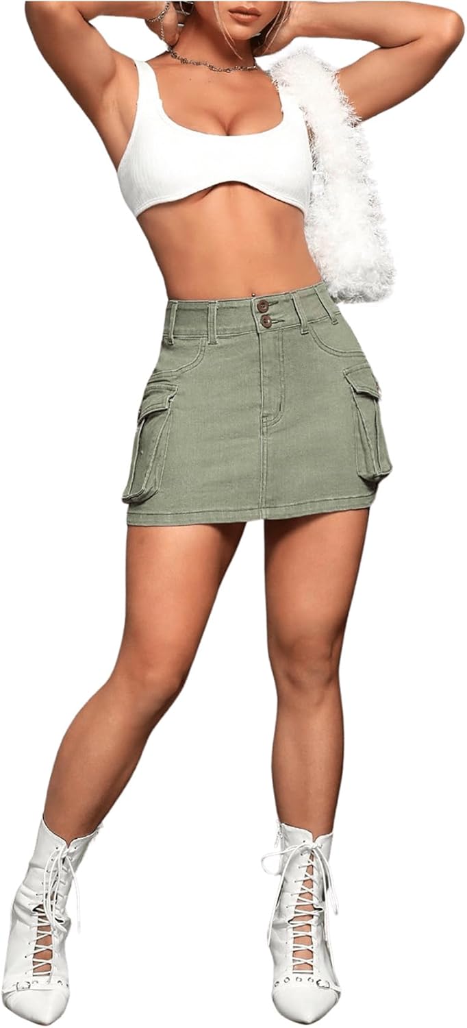 WDIRARA Women's Low Waist Button Bodycon Mini Cargo Denim Skirt with Pocket - Image 6