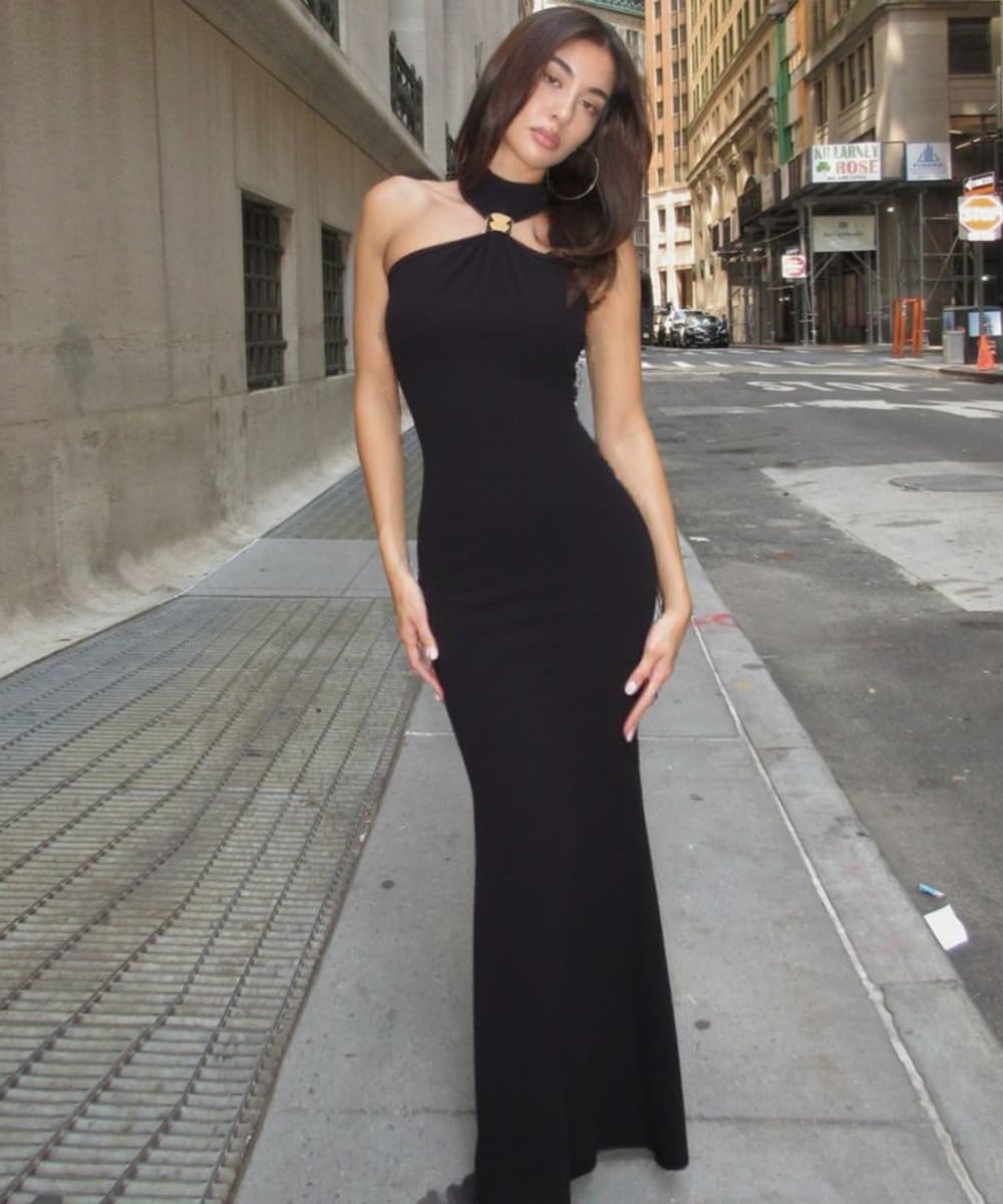 Vestido ajustado de cuello alto para mujer, casual, sin mangas, abertura en la espalda, elegante, para fiesta, cóctel, maxi vestido formal