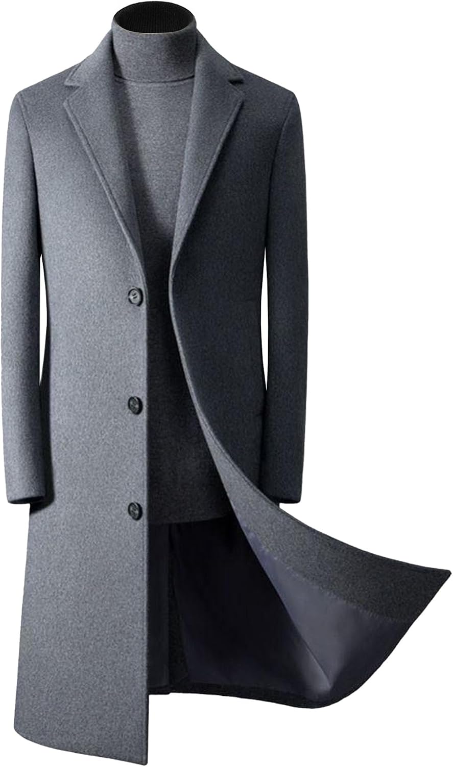 Maiyifu-GJ Men's Full Length Trench Coat Slim Fit Single Breasted Wool Blend Pea Coats Business Casual Warm Winter Overcoat